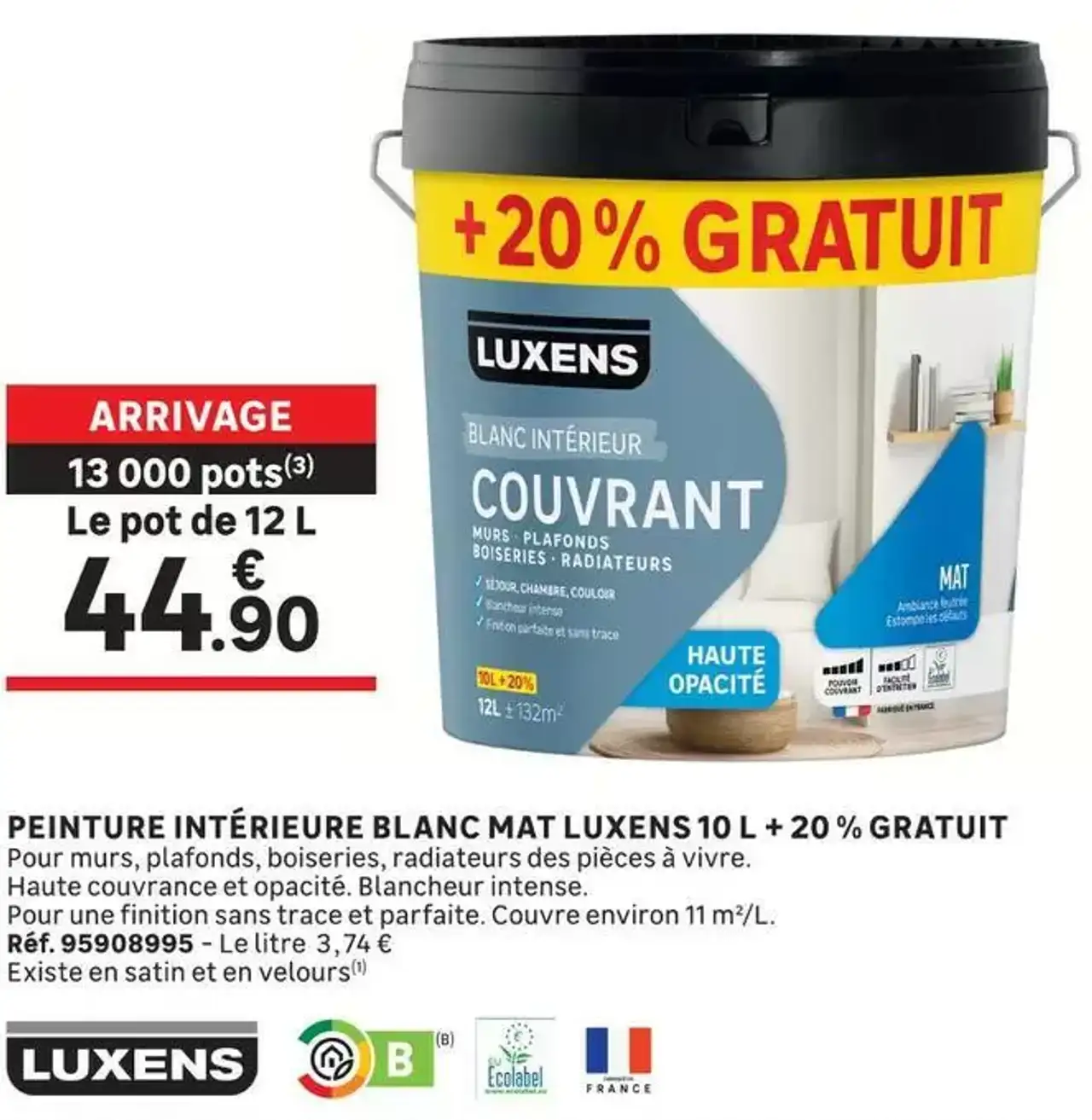 PEINTURE INTÉRIEURE BLANC MAT LUXENS 10 L + 20 % GRATUIT