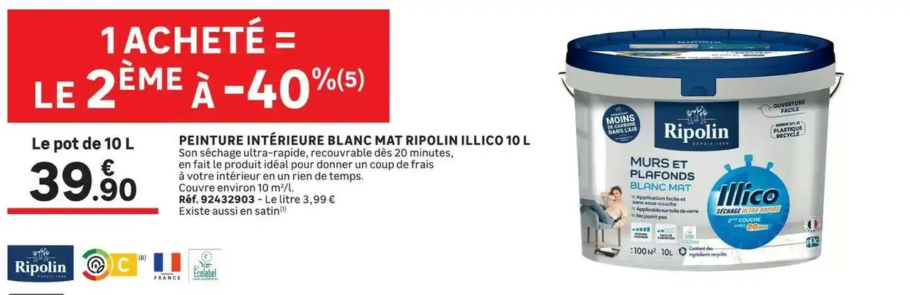 PEINTURE INTÉRIEURE BLANC MAT RIPOLIN ILLICO 10 L