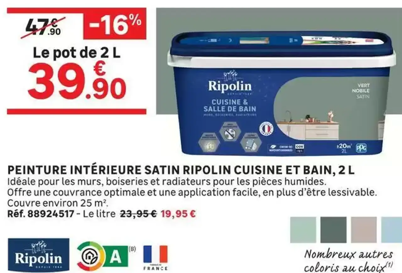 PEINTURE INTÉRIEURE SATIN RIPOLIN CUISINE ET BAIN, 2 L