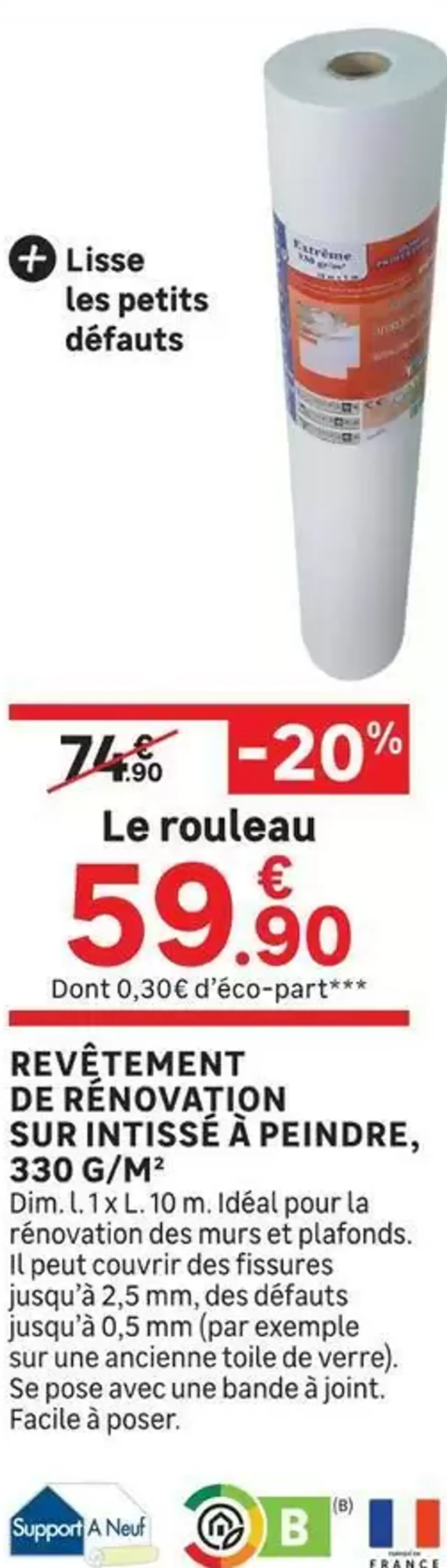 REVÊTEMENT DE RÉNOVATION SUR INTISSÉ À PEINDRE, 330 G/M²