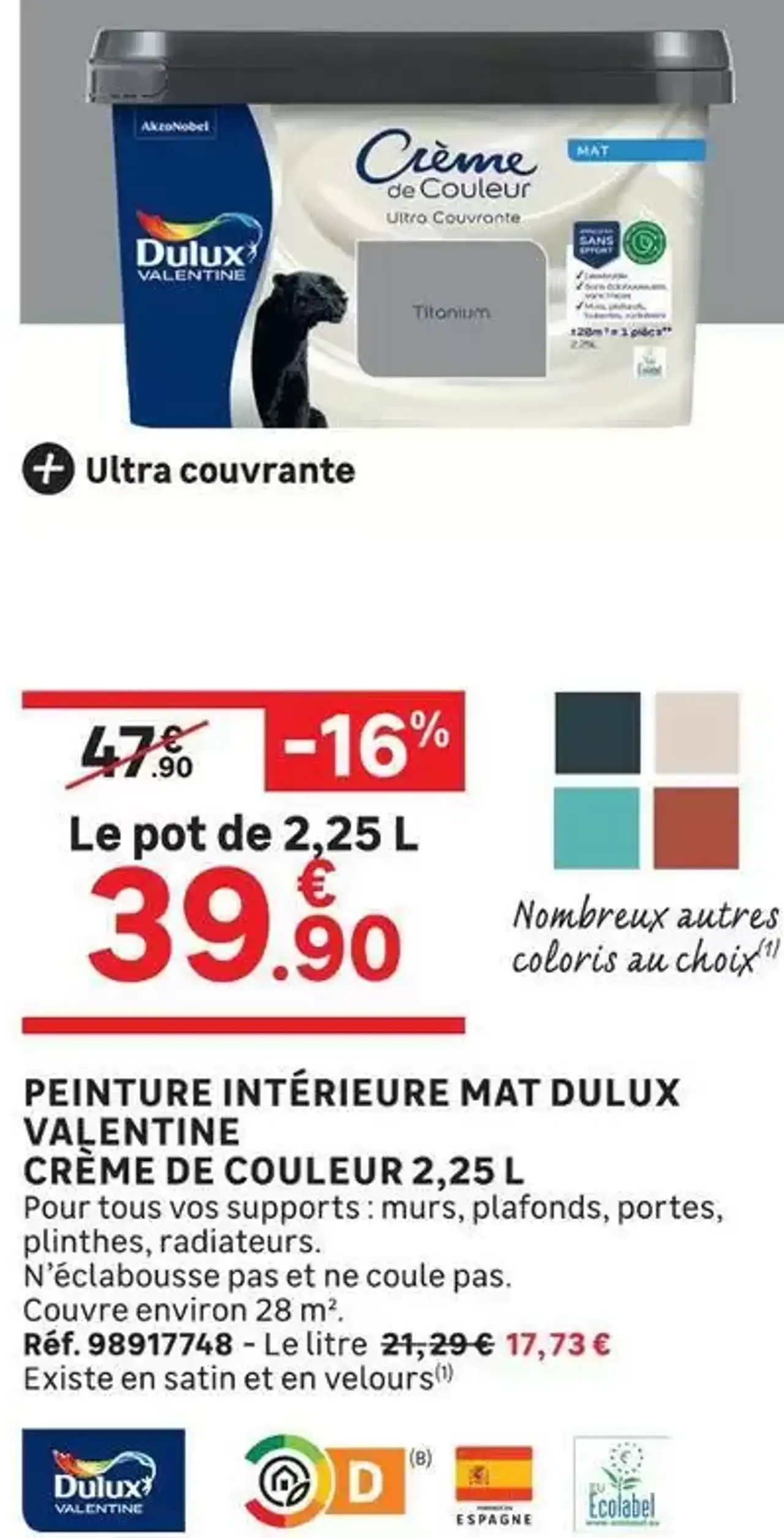 PEINTURE INTÉRIEURE MAT DULUX VALENTINE CRÈME DE COULEUR 2,25 L