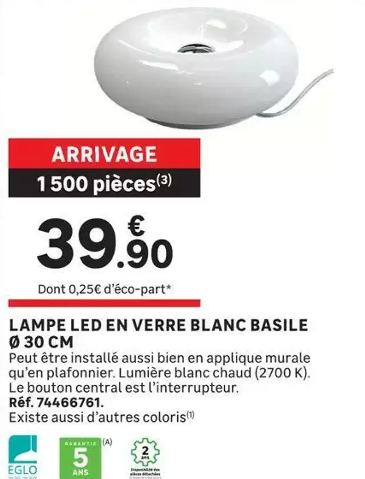LAMPE LED EN VERRE BLANC BASILE Ø 30 CM