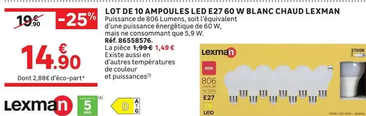 LOT DE 10 AMPOULES LED E27 60 W BLANC CHAUD LEXMAN