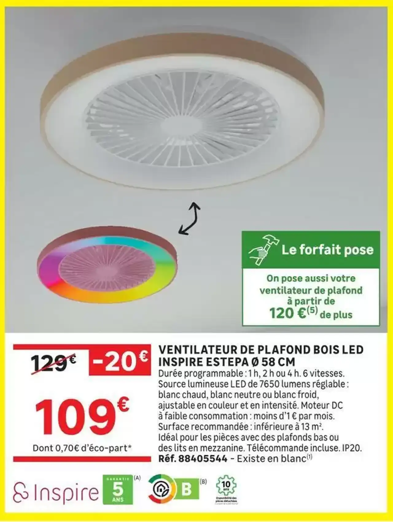 VENTILATEUR DE PLAFOND BOIS LED INSPIRE ESTEPA Ø 58 CM