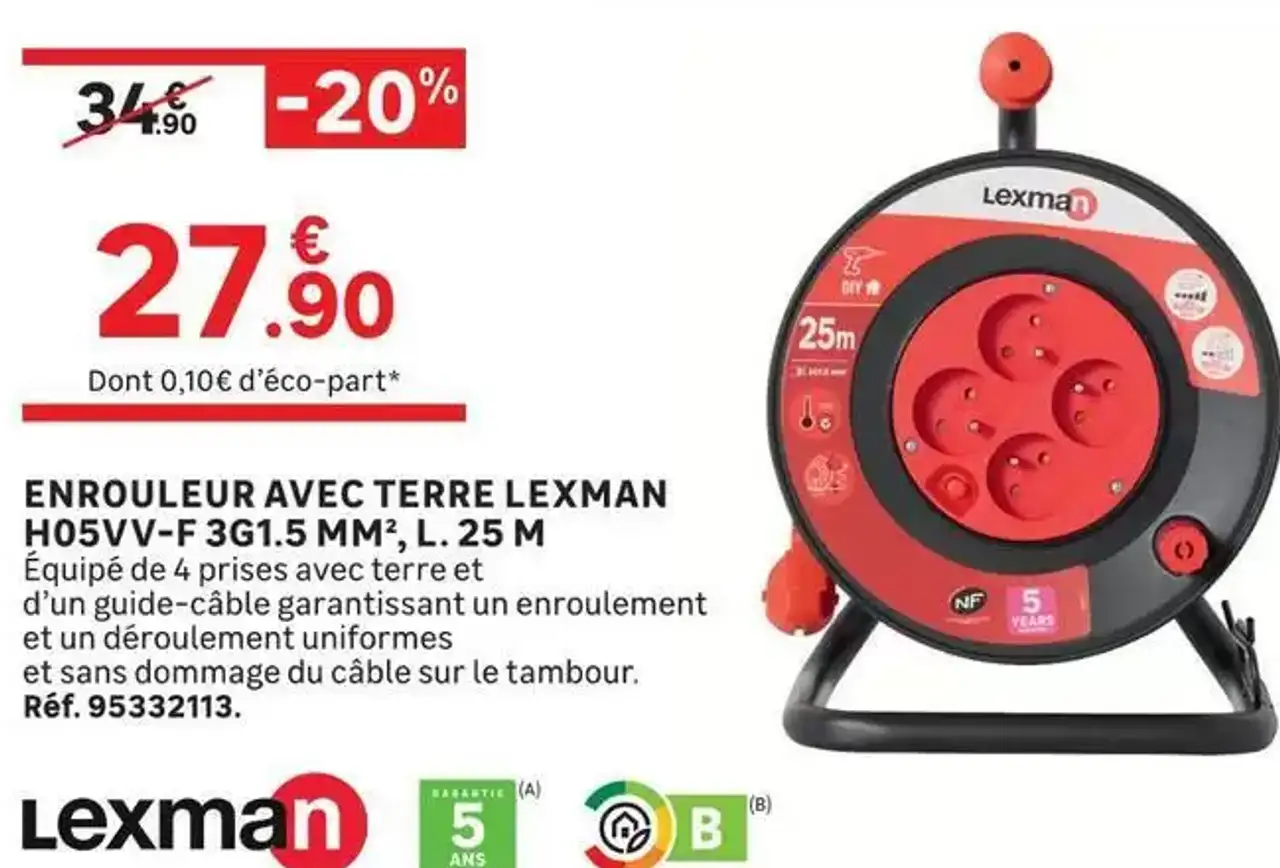 ENROULEUR AVEC TERRE LEXMAN H05VV-F 3G1.5 MM², L. 25 M