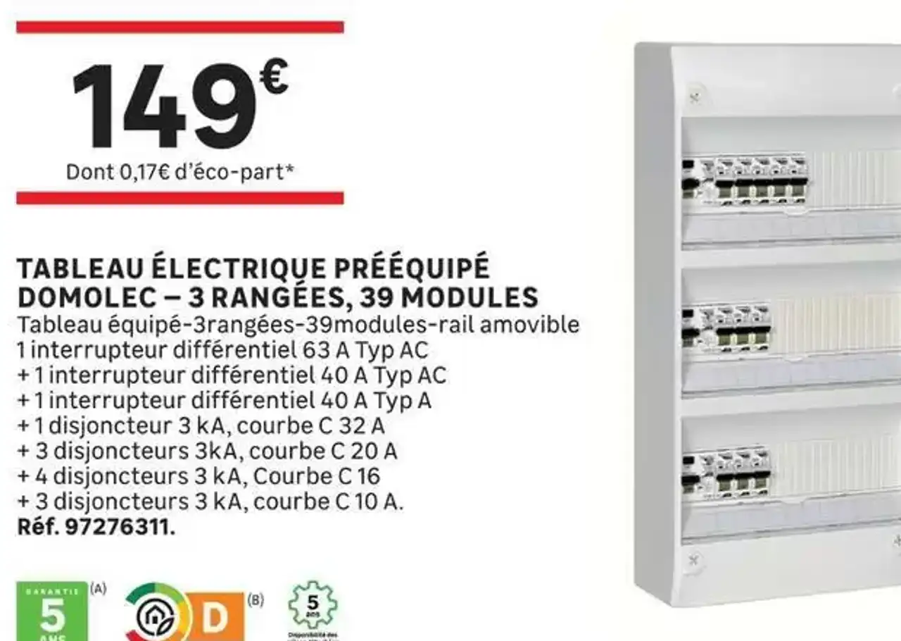TABLEAU ÉLECTRIQUE PRÉÉQUIPÉ DOMOLEC - 3 RANGÉES, 39 MODULES