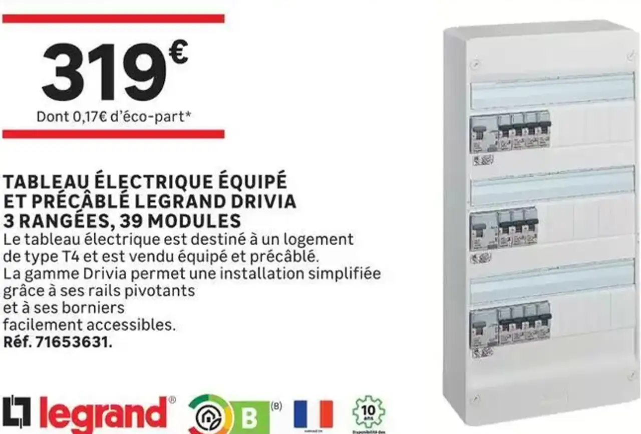 TABLEAU ÉLECTRIQUE ÉQUIPÉ ET PRÉCÂBLÉ LEGRAND DRIVIA 3 RANGÉES, 39 MODULES