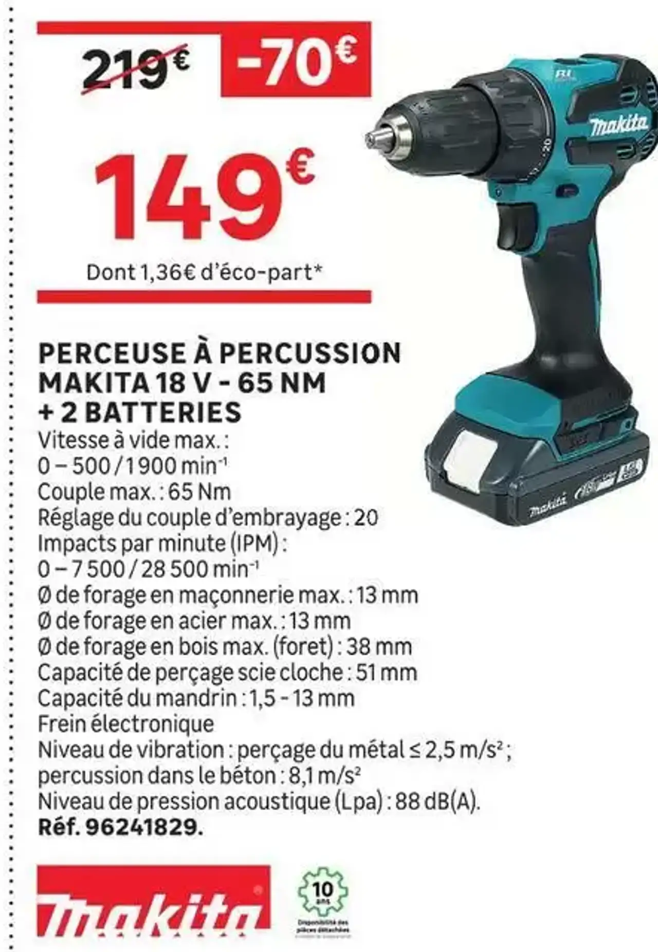 Perceuse à percussion Makita 18 V - 65 Nm + 2 batteries