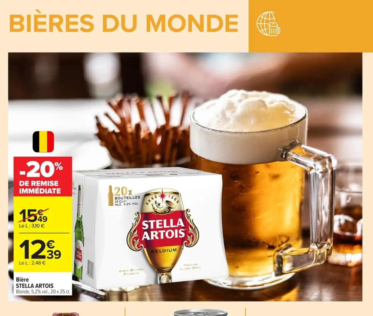Bière STELLA ARTOIS Blonde, 5,2% vol., 20 x 25 cl.
