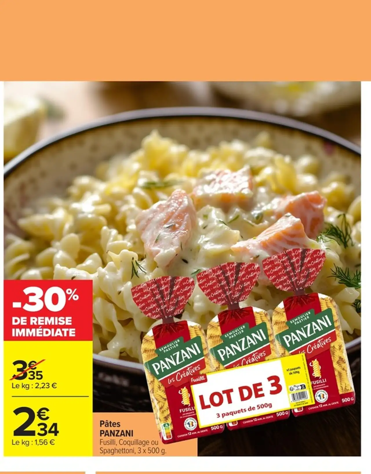Pâtes PANZANI Fusilli, Coquillage ou Spaghettoni, 3 x 500 g