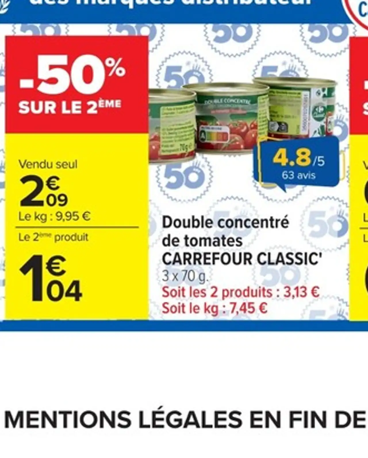 Double concentré de tomates CARREFOUR CLASSIC' 3 x 70 g.