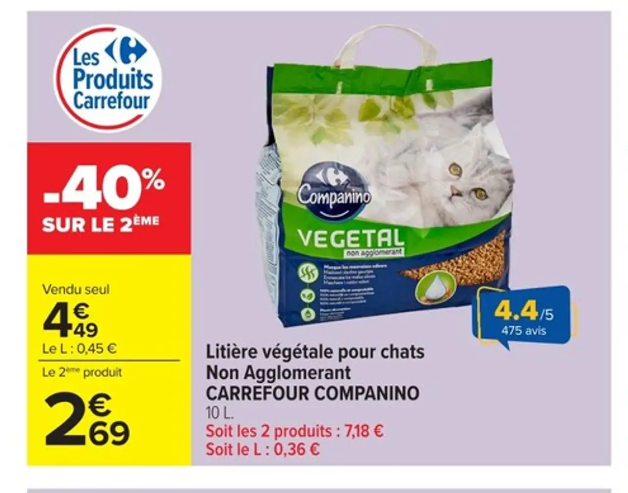 Litière végétale pour chats Non Agglomerant CARREFOUR COMPANINO