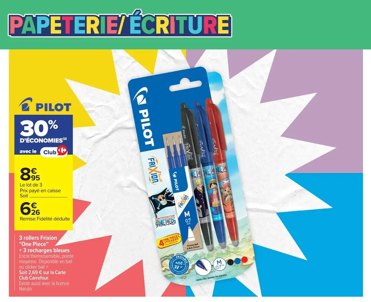 3 rollers Frixion "One Piece" + 3 recharges bleues PILOT