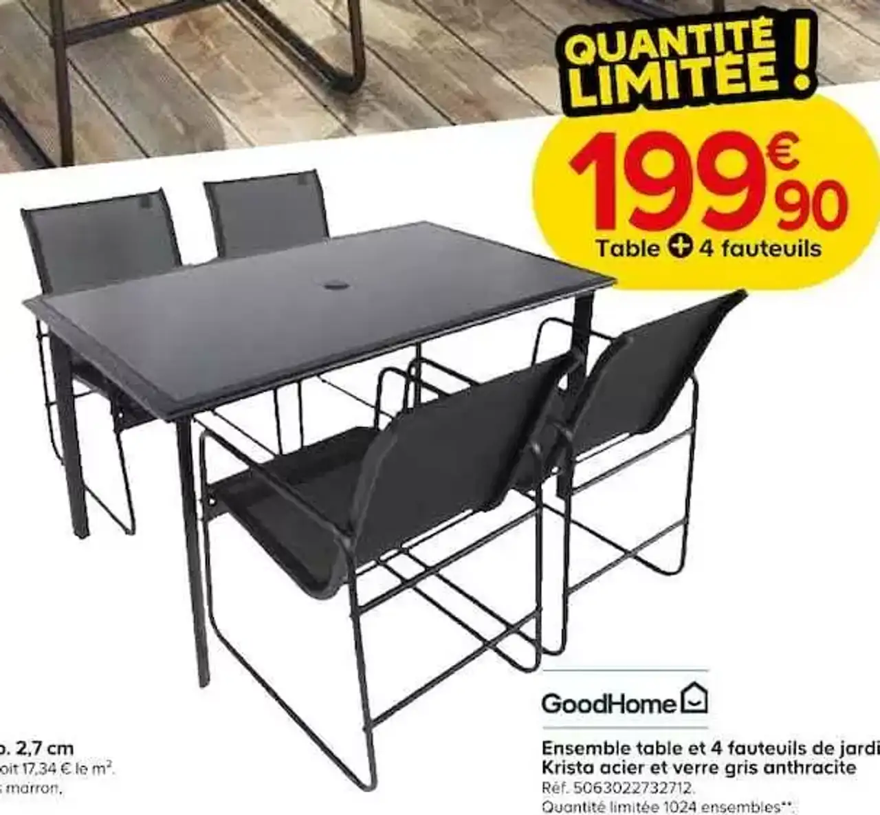 Ensemble table et 4 fauteuils de jardin Krista acier et verre gris anthracite