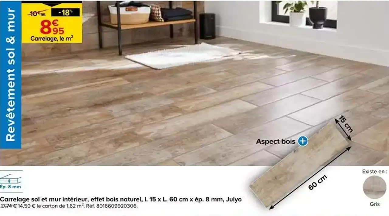Carrelage sol et mur intérieur, effet bois naturel, l. 15 x L. 60 cm x ép. 8 mm, Julyo