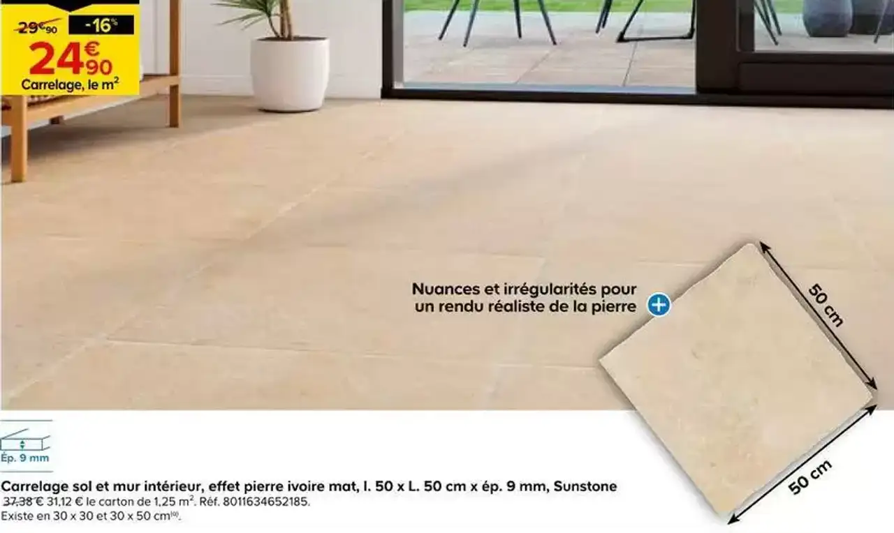 Carrelage sol et mur intérieur, effet pierre ivoire mat, l. 50 x L. 50 cm x ép. 9 mm, Sunstone