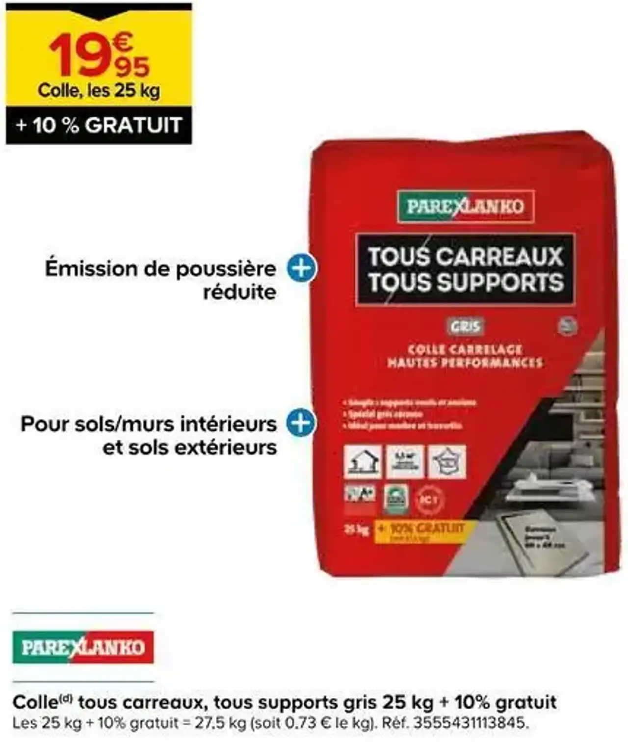 Colle tous carreaux, tous supports gris 25 kg + 10% gratuit PAREXLANKO