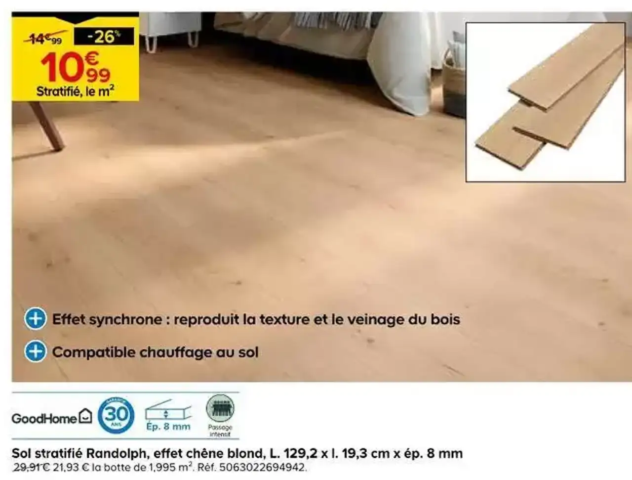 GoodHome Sol stratifié Randolph, effet chêne blond