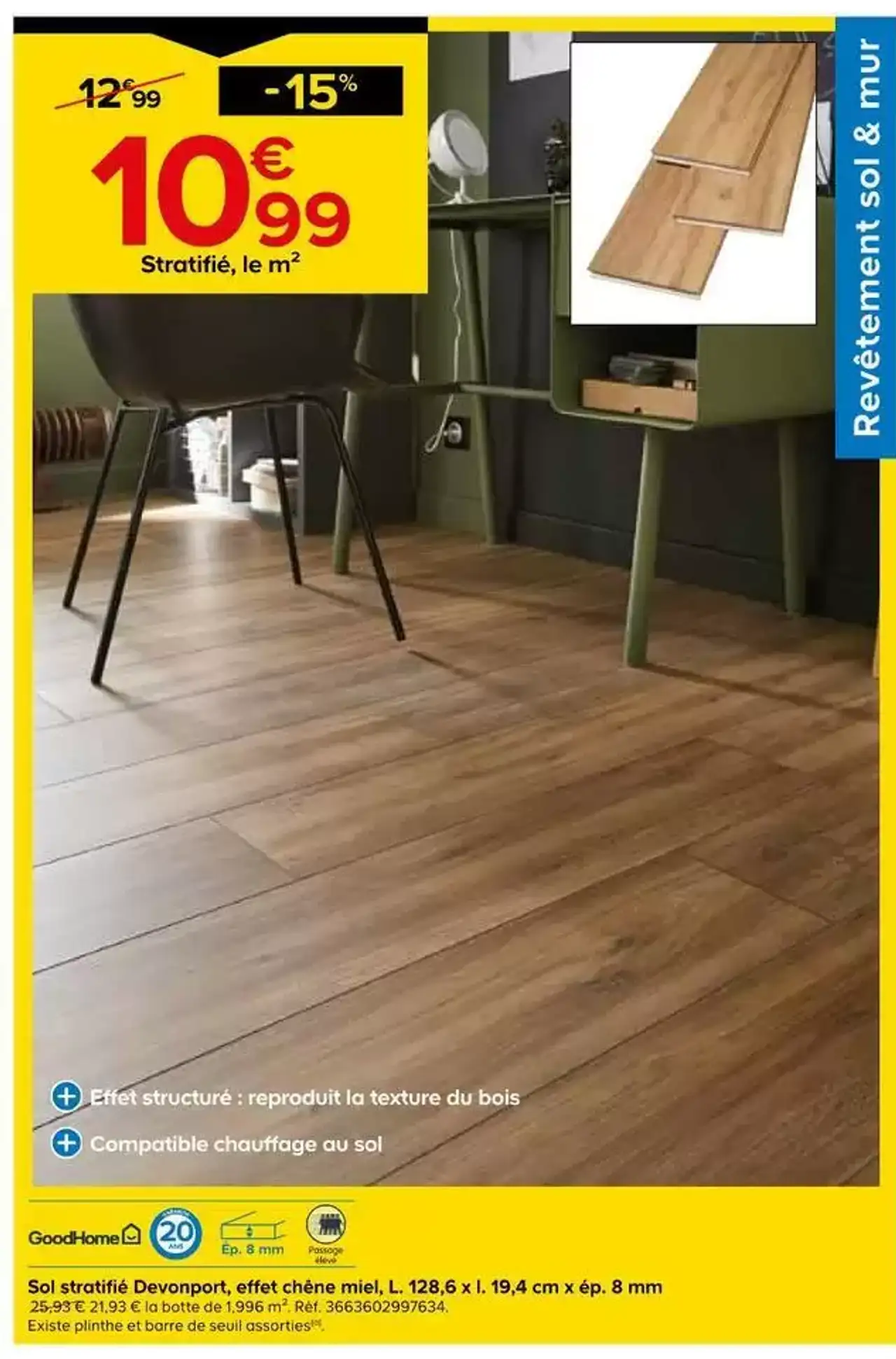 GoodHome Sol stratifié Devonport, effet chêne miel