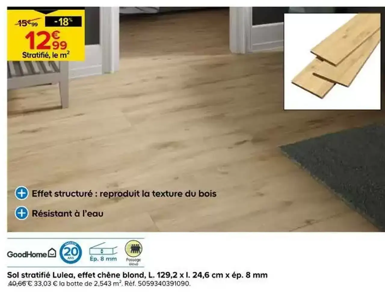 GoodHome Sol stratifié Lulea, effet chêne blond