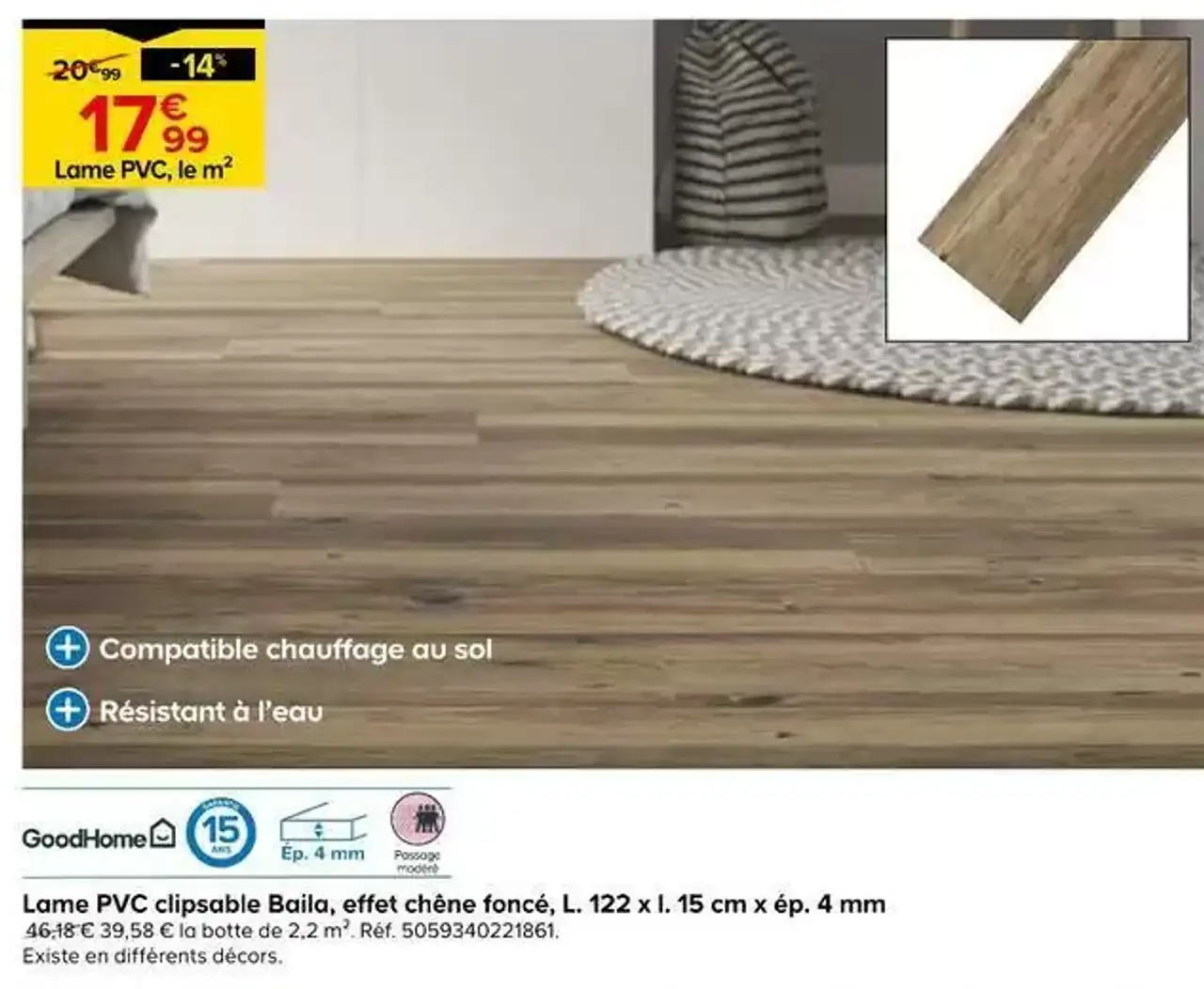 GoodHome Lame PVC clipsable Baila, effet chêne foncé