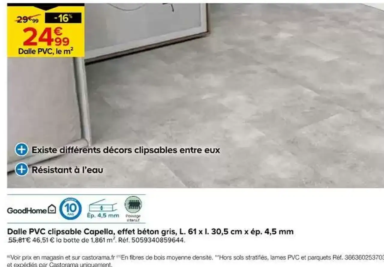 GoodHome Dalle PVC clipsable Capella, effet béton gris