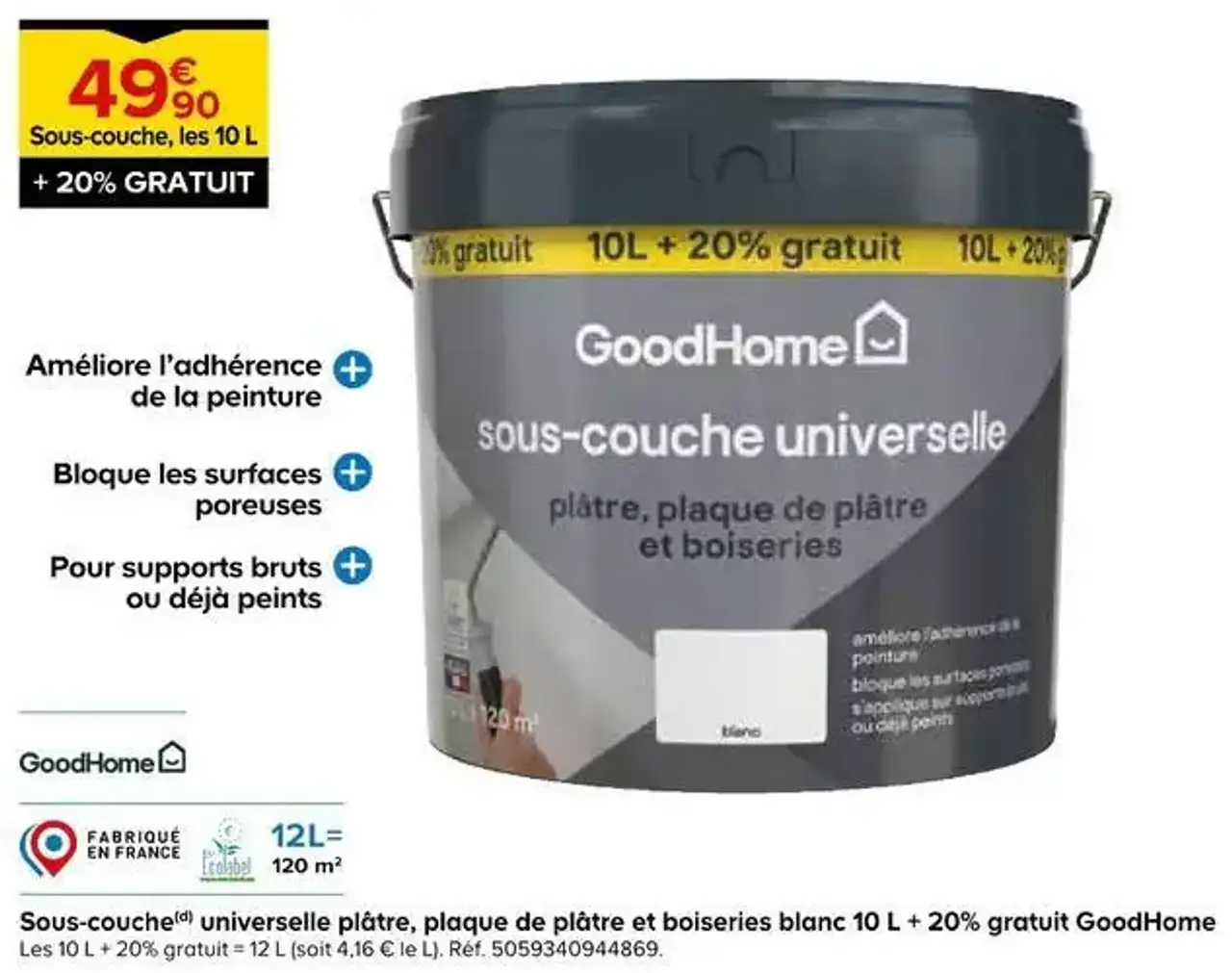 GoodHome Sous-couche universelle plâtre, plaque de plâtre et boiseries blanc