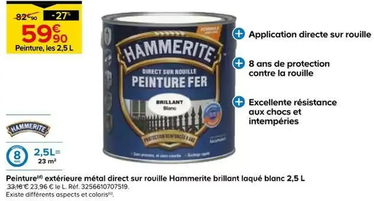 Hammerite Peinture extérieure métal direct sur rouille brillant laqué blanc