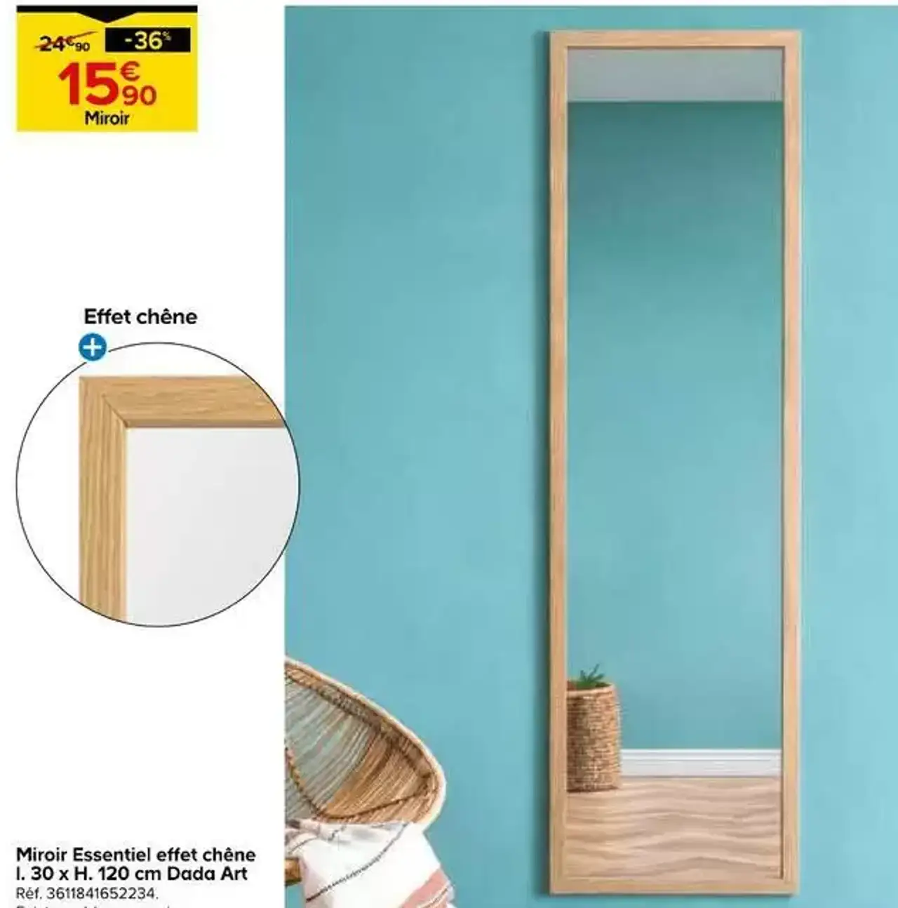 Miroir Essentiel effet chêne l. 30 x H. 120 cm Dada Art