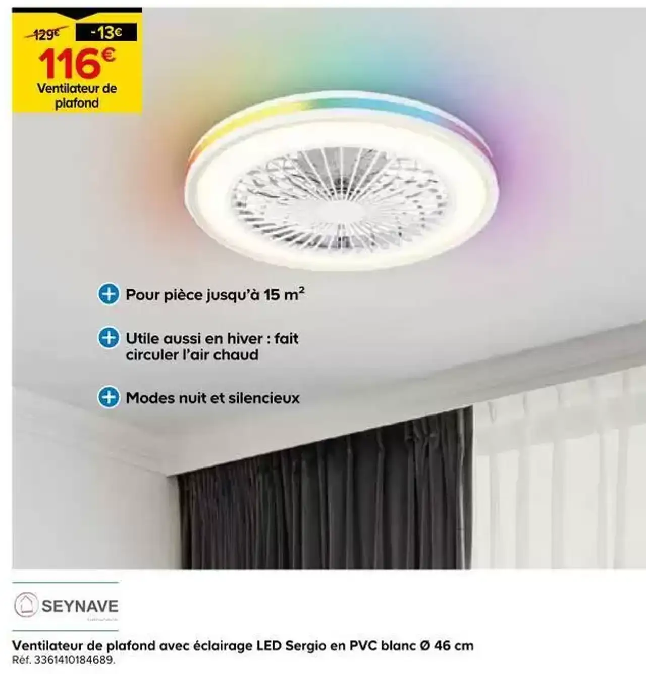 Ventilateur de plafond avec éclairage LED Sergio en PVC blanc Ø 46 cm