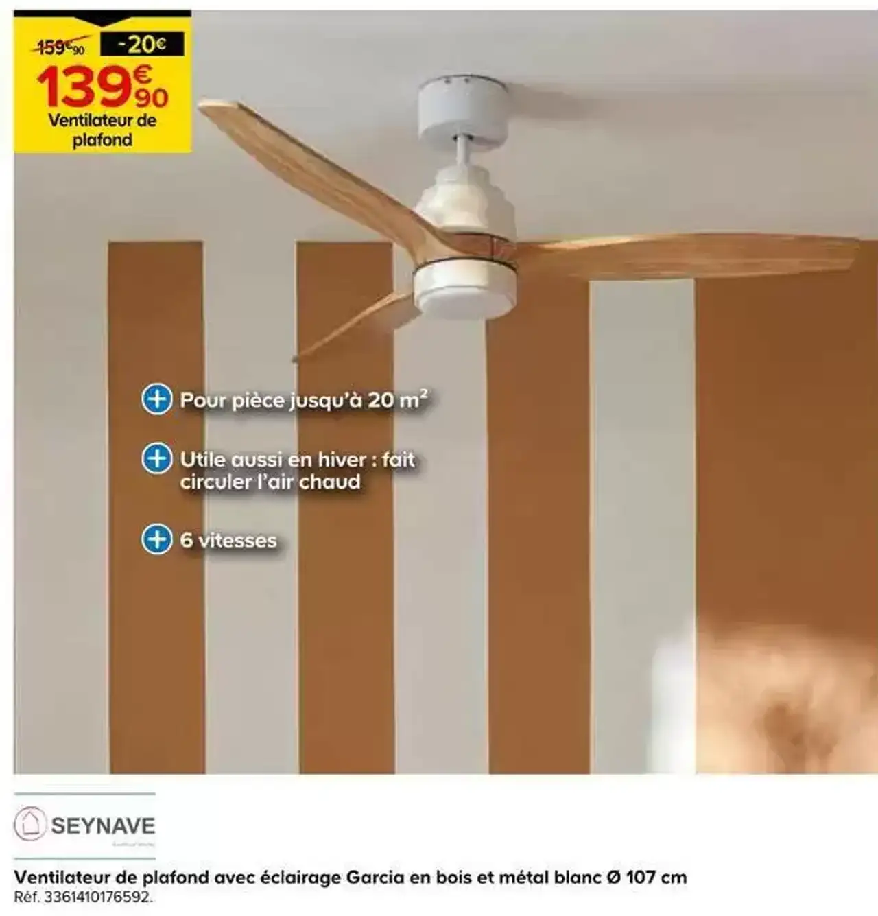 Ventilateur de plafond avec éclairage Garcia en bois et métal blanc Ø 107 cm