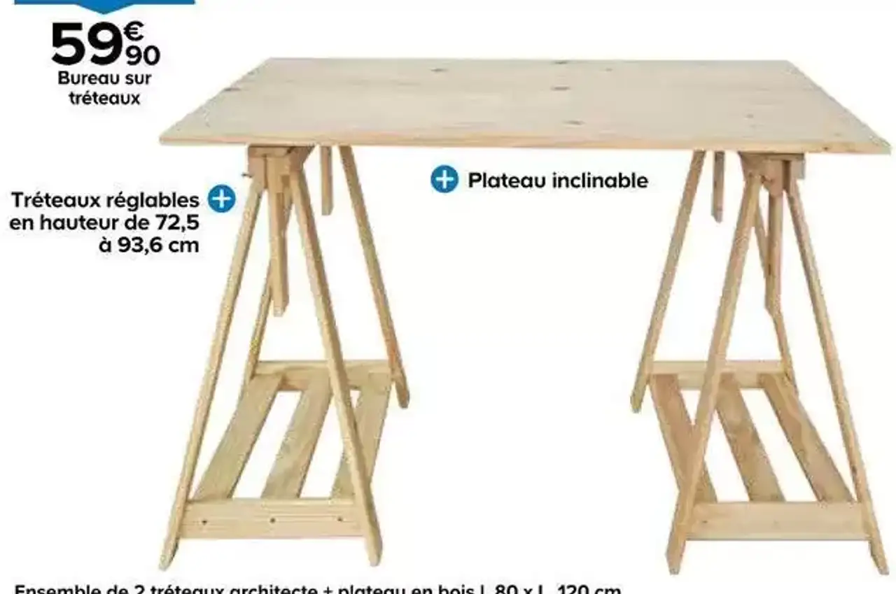 Ensemble de 2 tréteaux architecte + plateau en bois