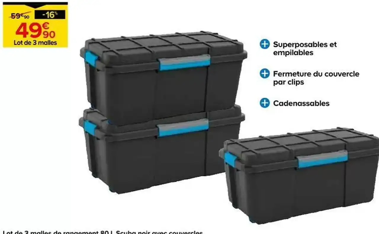 Lot de 3 malles de rangement 80 L Scuba noir avec couvercles