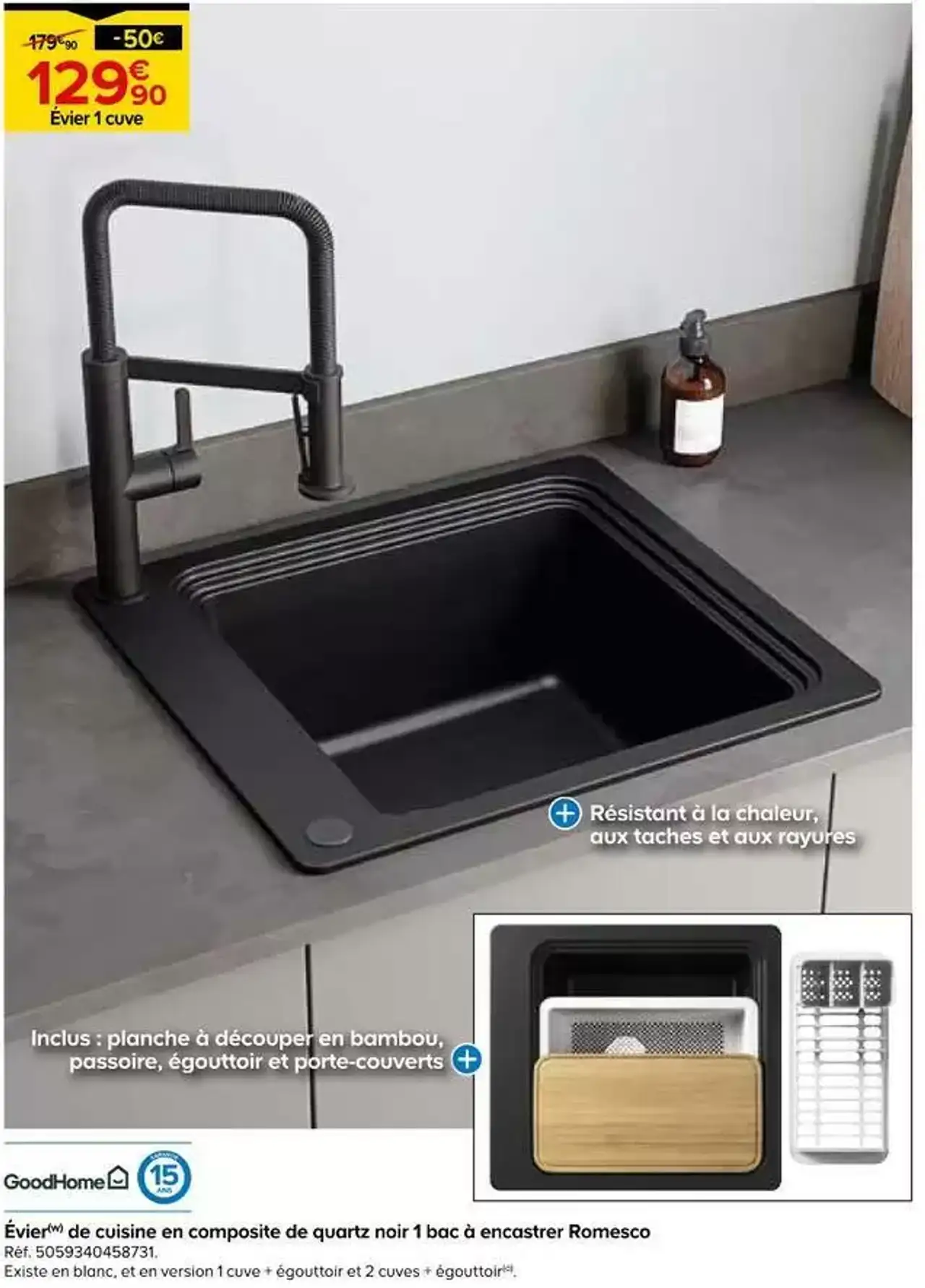 Évier de cuisine en composite de quartz noir 1 bac à encastrer Romesco