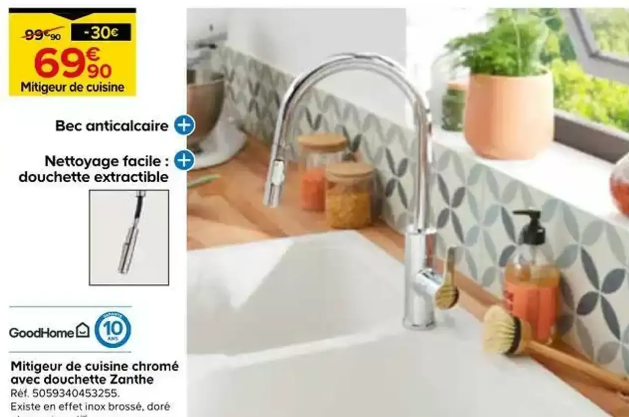 Mitigeur de cuisine chromé avec douchette Zanthe