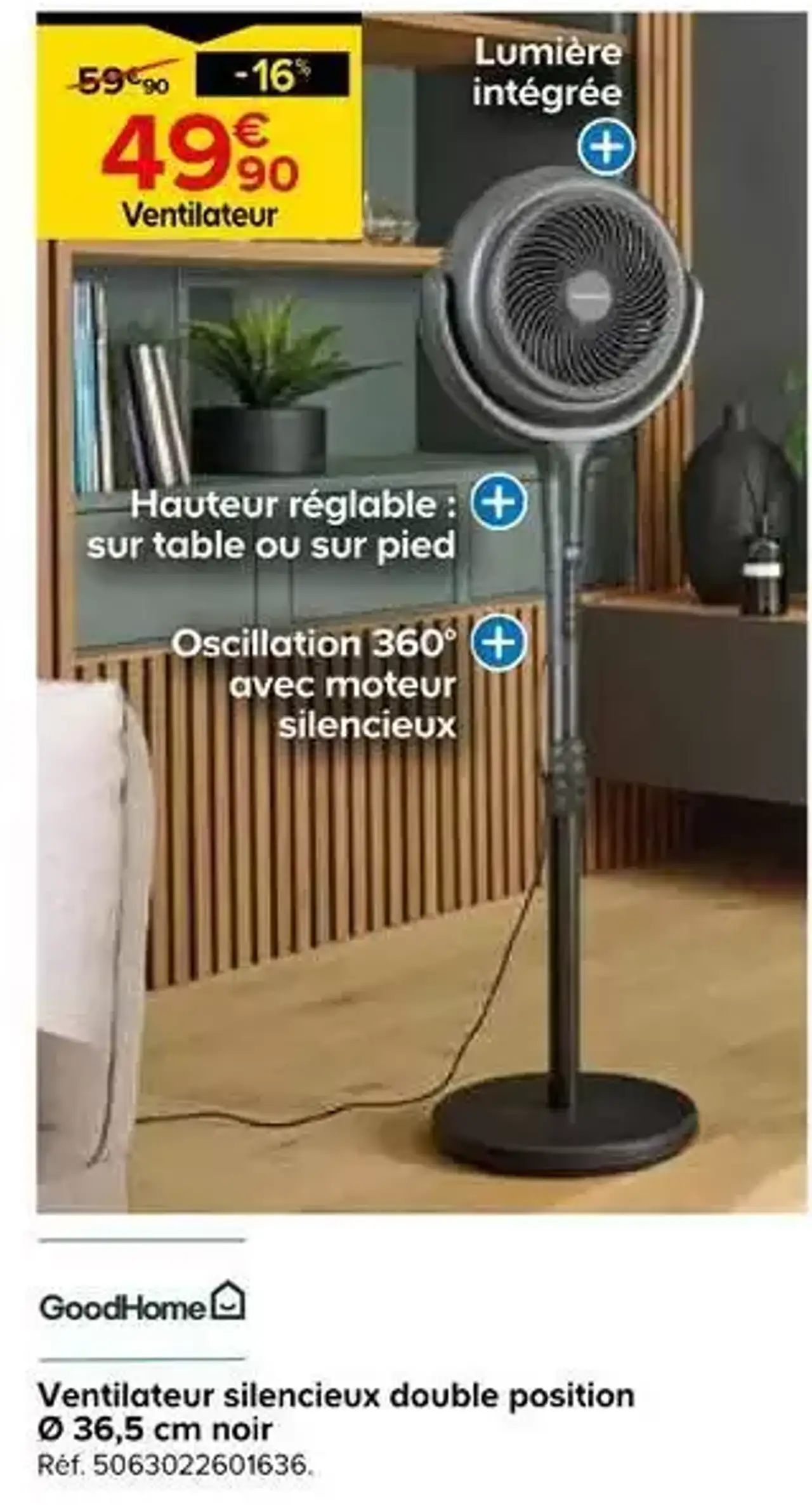 GoodHome Ventilateur silencieux double position Ø 36,5 cm noir