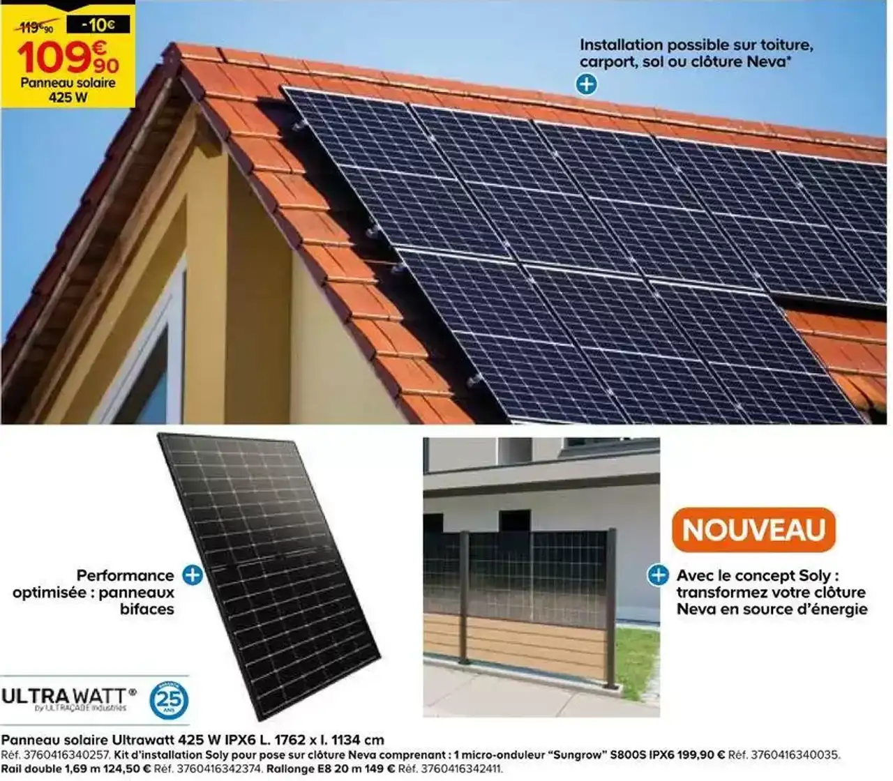 Panneau solaire Ultrawatt 425 W IPX6 L. 1762 x l. 1134 cm