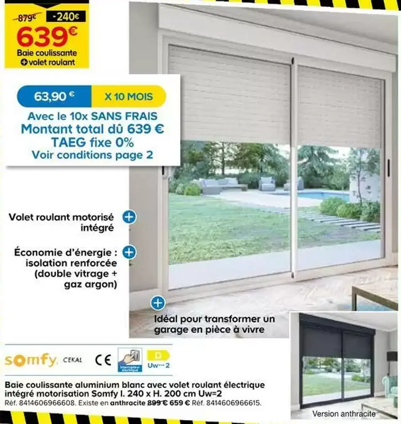 Baie coulissante aluminium blanc avec volet roulant électrique intégré motorisation Somfy