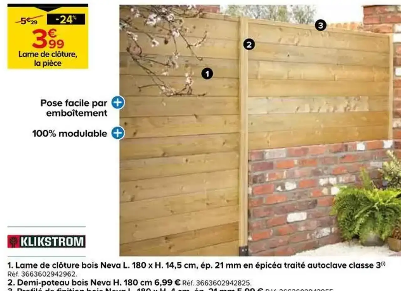 Lame de clôture bois Neva L. 180 x H. 14,5 cm, ép. 21 mm en épicéa traité autoclave classe 3