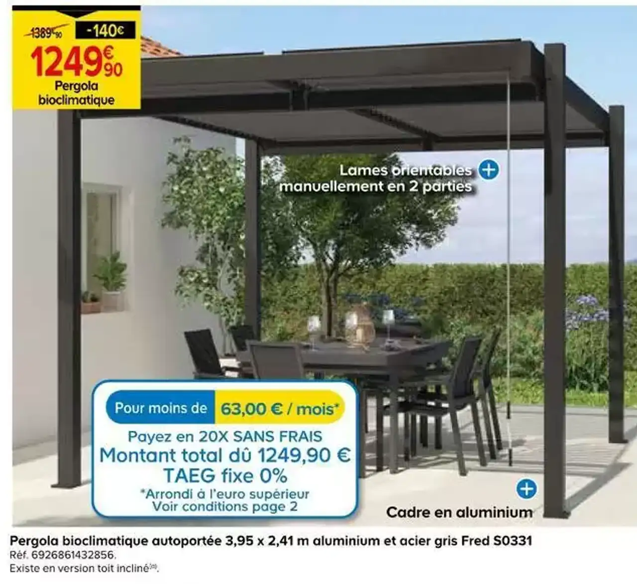 Pergola bioclimatique autoportée 3,95 x 2,41 m aluminium et acier gris Fred S0331