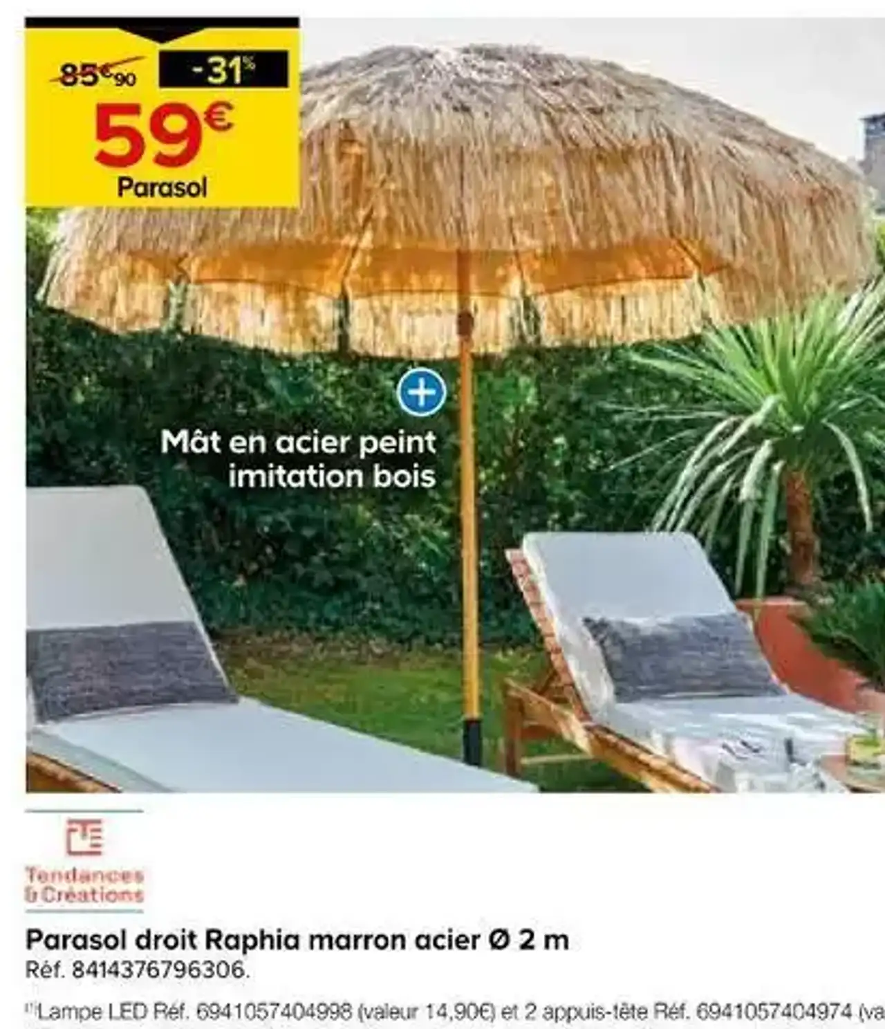 Parasol droit Raphia marron acier Ø 2 m