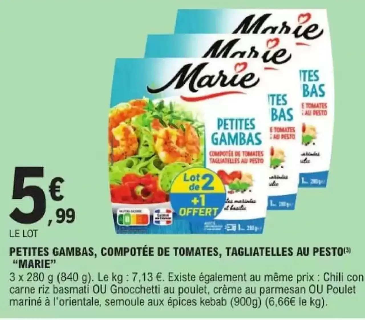 PETITES GAMBAS, COMPOTÉE DE TOMATES, TAGLIATELLES AU PESTO "MARIE"