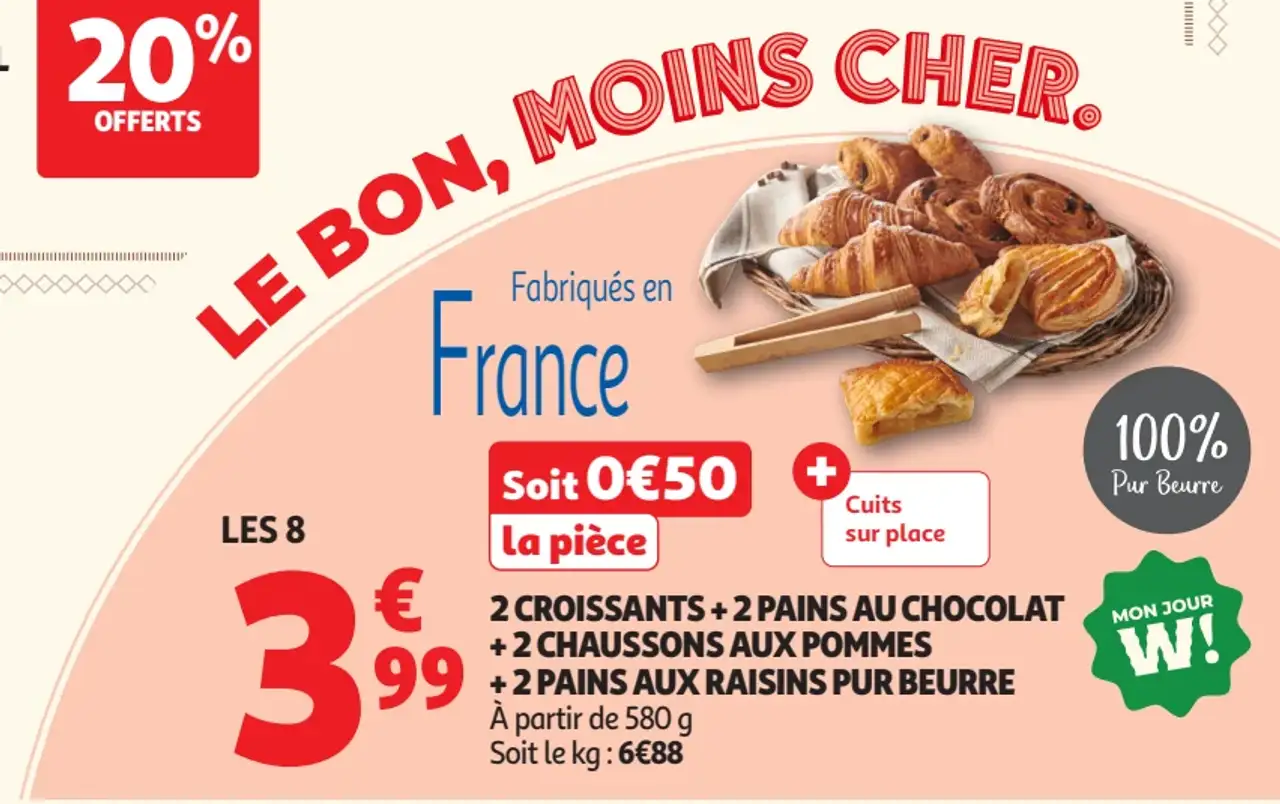 2 croissants + 2 pains au chocolat + 2 chaussons aux pommes + 2 pains aux raisins pur beurre