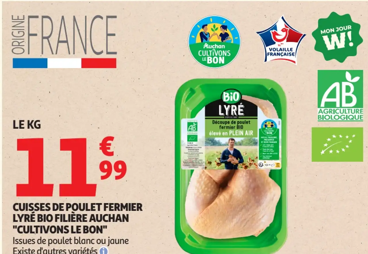 CUISSES DE POULET FERMIER LYRÉ BIO FILIÈRE AUCHAN "CULTIVONS LE BON"