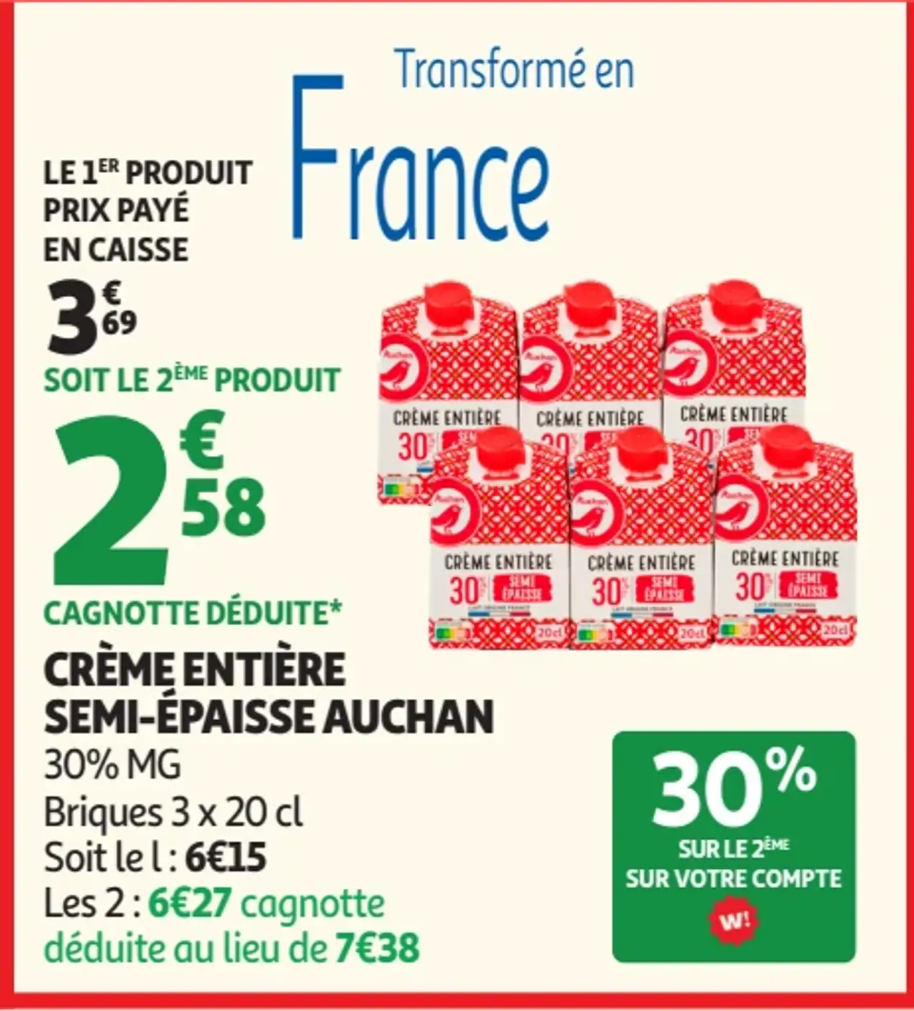 CRÈME ENTIÈRE SEMI-ÉPAISSE AUCHAN