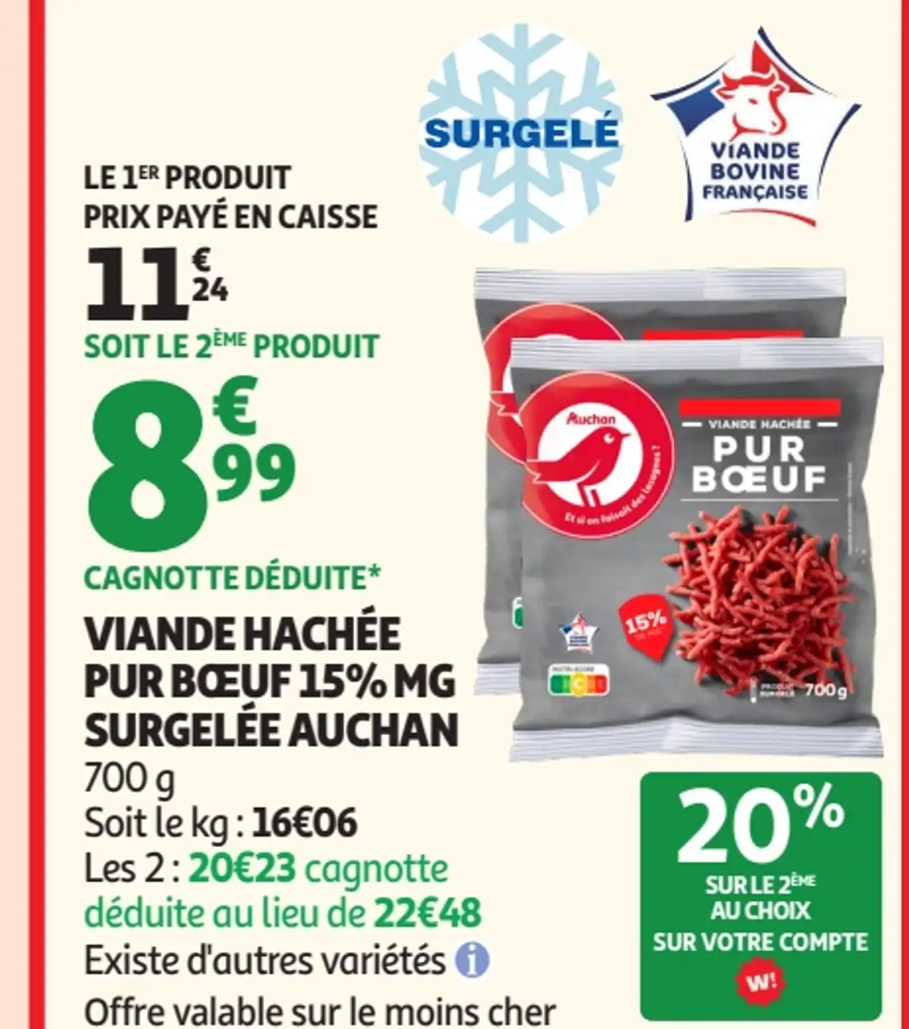 Viande Hachée Pur Bœuf 15% MG Surgelée Auchan
