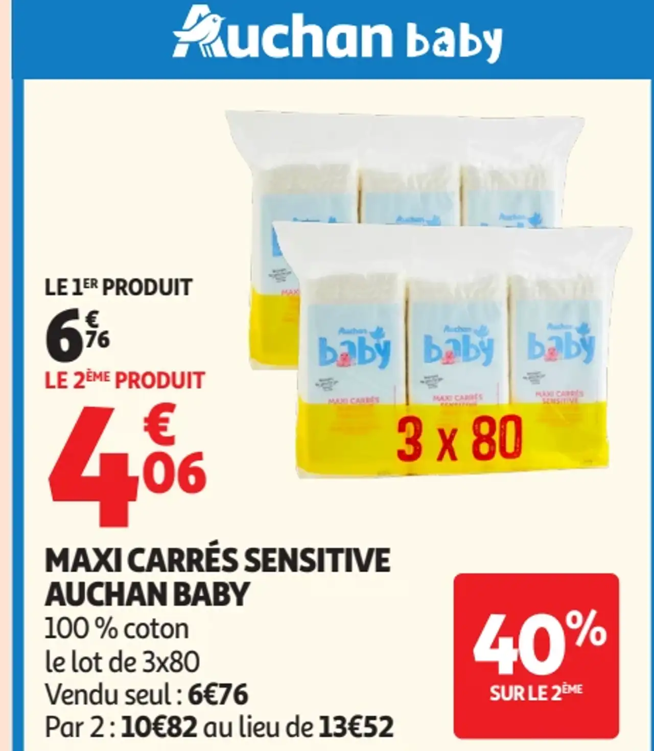 Auchan Baby Maxi Carrés Sensitive 100% coton