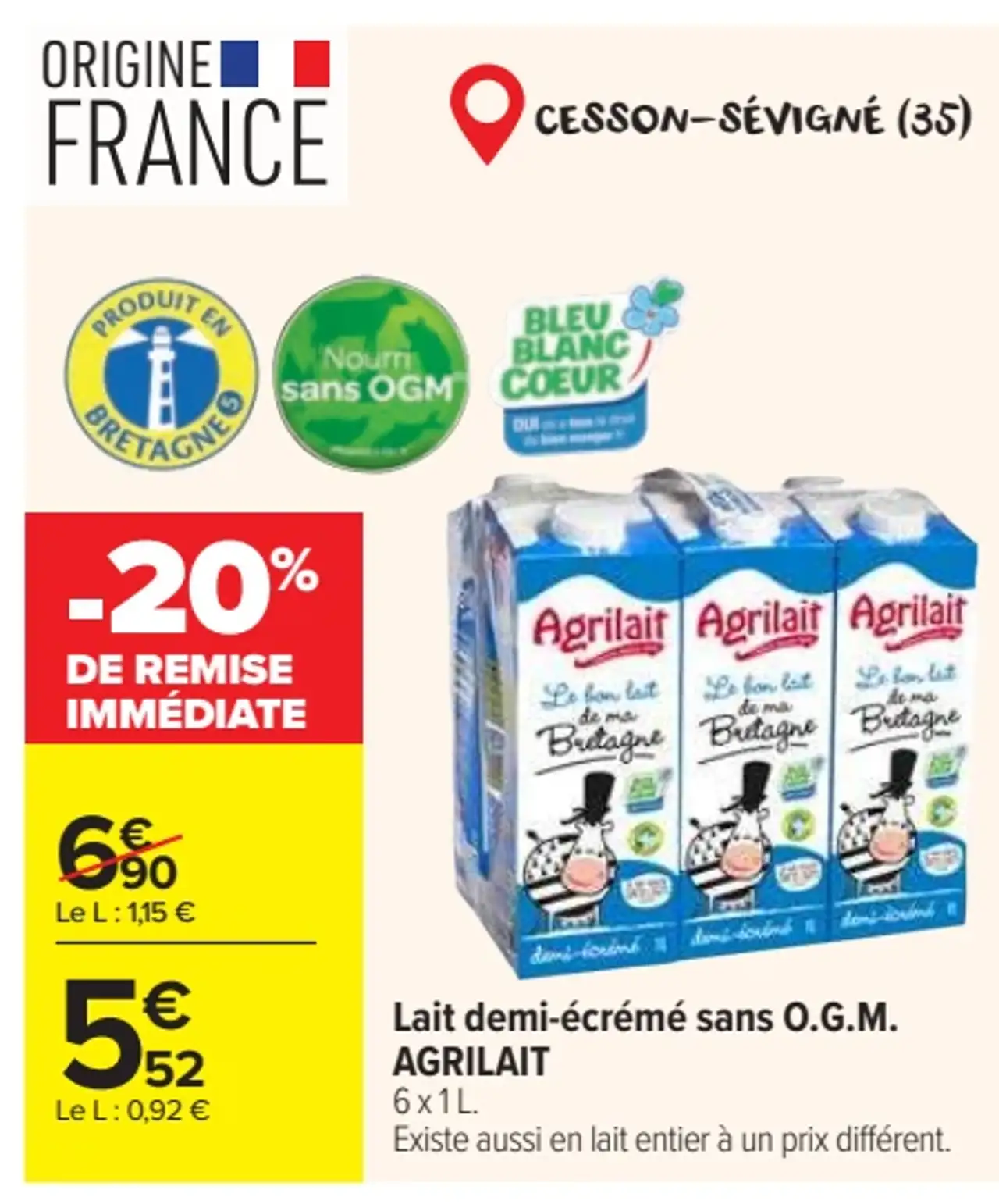 Lait demi-écrémé sans O.G.M. AGRILAIT