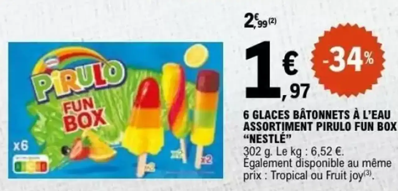 6 GLACES BÂTONNETS À L'EAU ASSORTIMENT PIRULO FUN BOX "NESTLÉ"