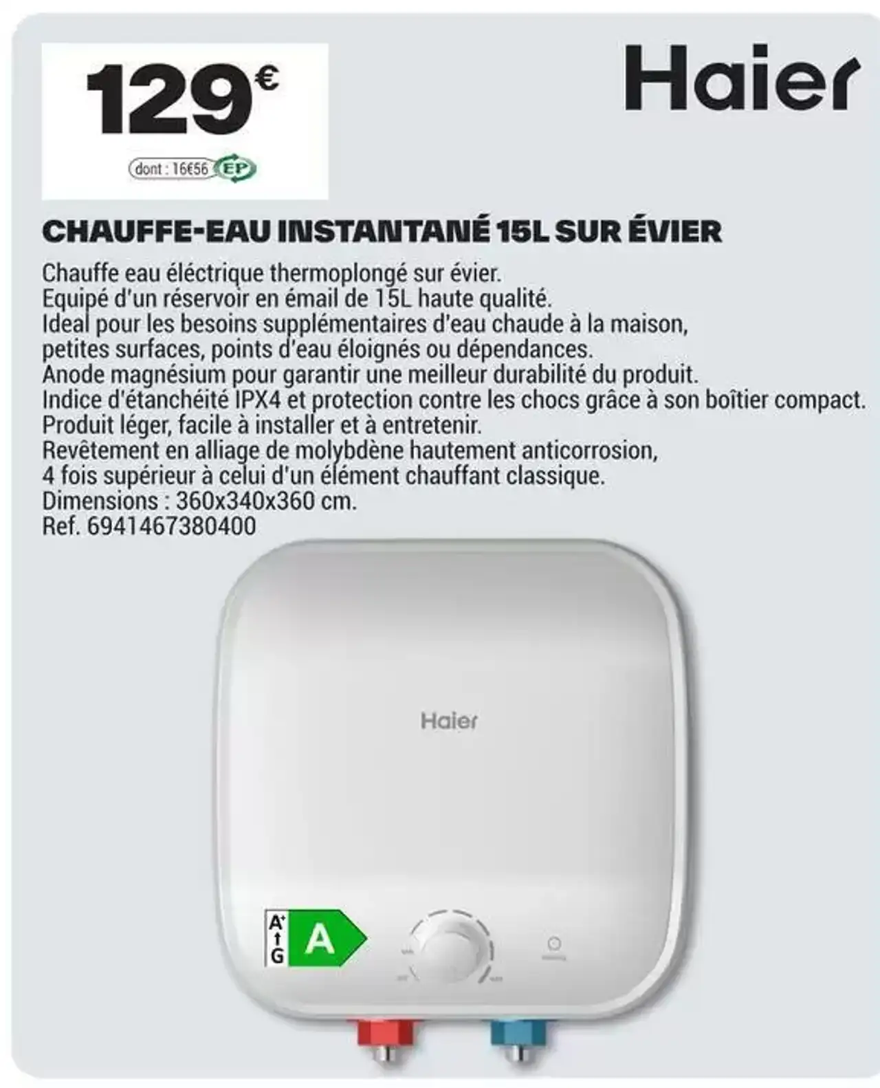 Chauffe-eau instantané 15L sur évier Haier